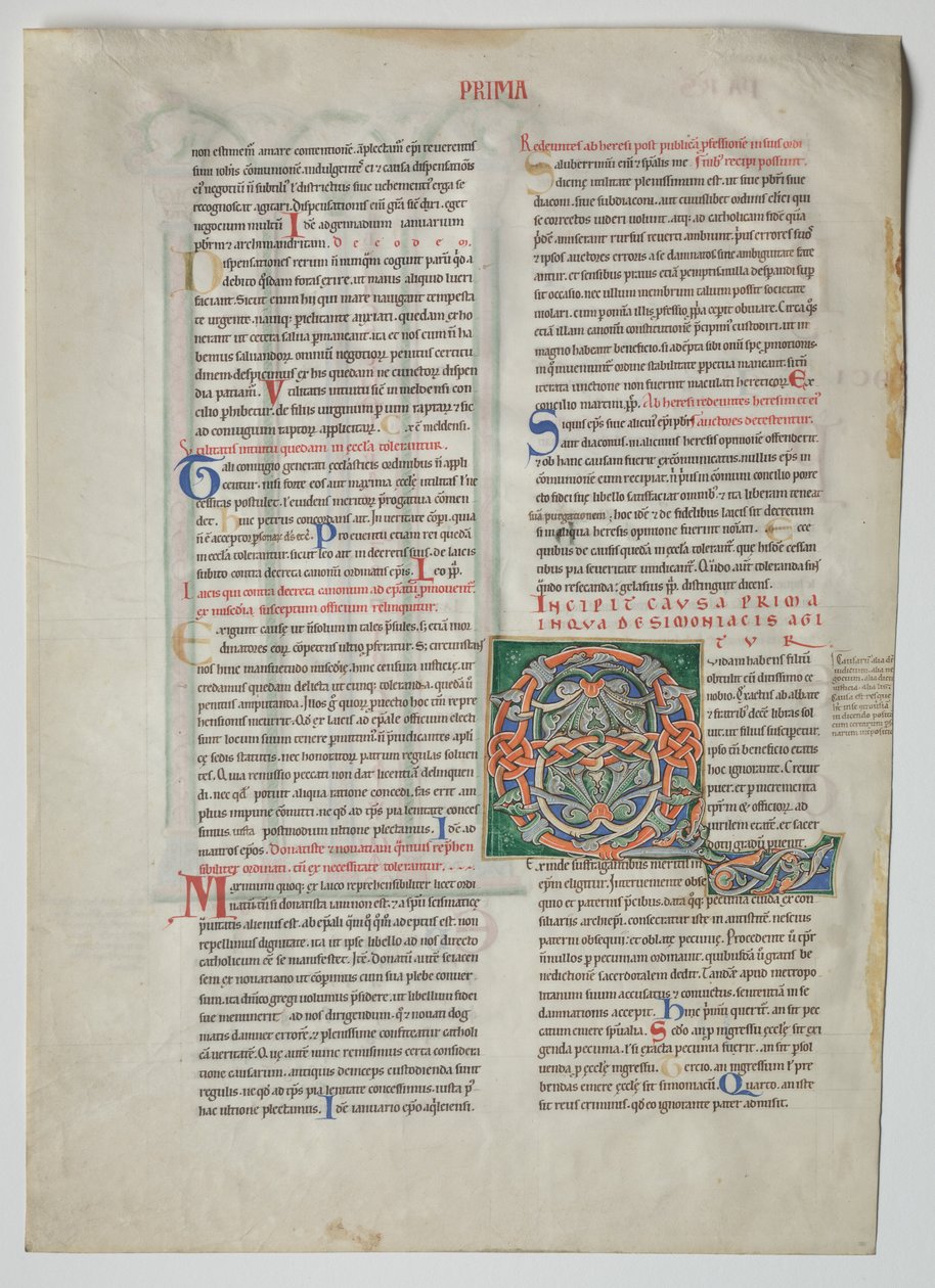 Foglio singolo da un Decretum di Graziano: Iniziale decorata Q[uidam habens filium obtulit]..., c. 1160 da Unbekannt