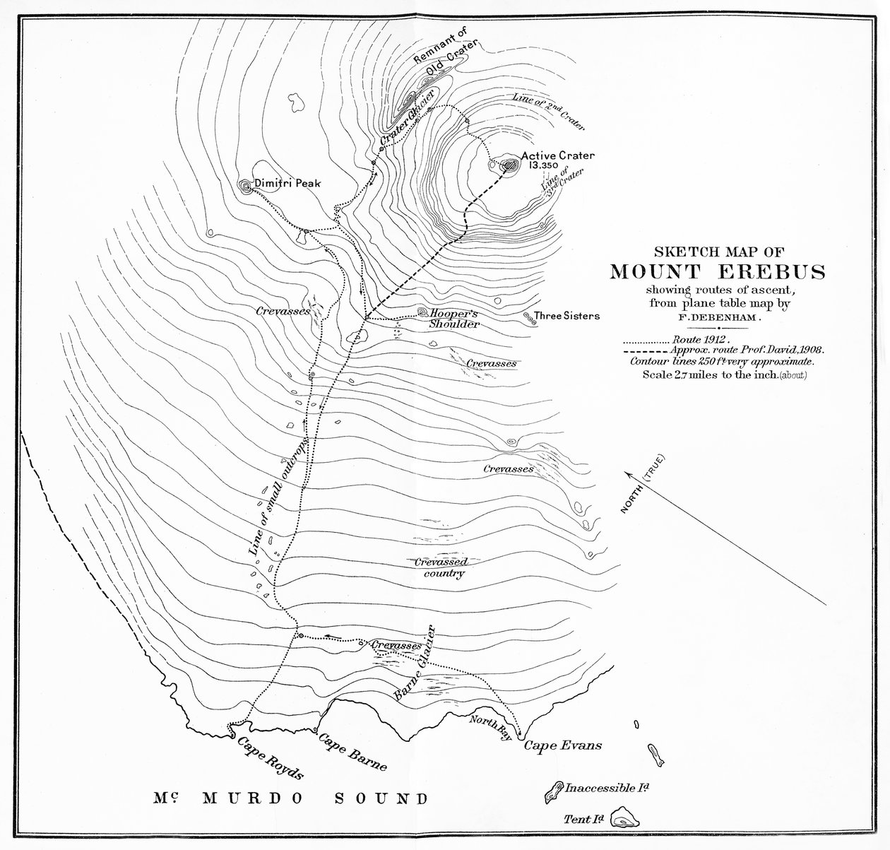 Mappa schizzo del Monte Erebus che mostra le rotte di salita, c1912, 1913 da Unbekannt