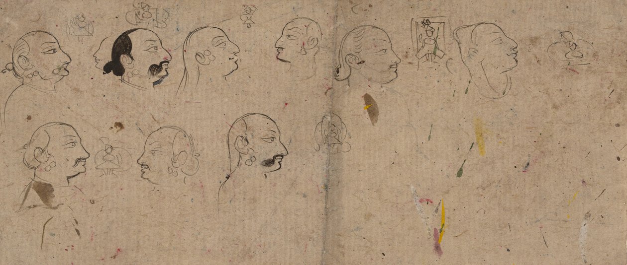 Pagina di schizzi di studi facciali, probabilmente Maharao Kishor Singh, ca. 1830 da Unbekannt