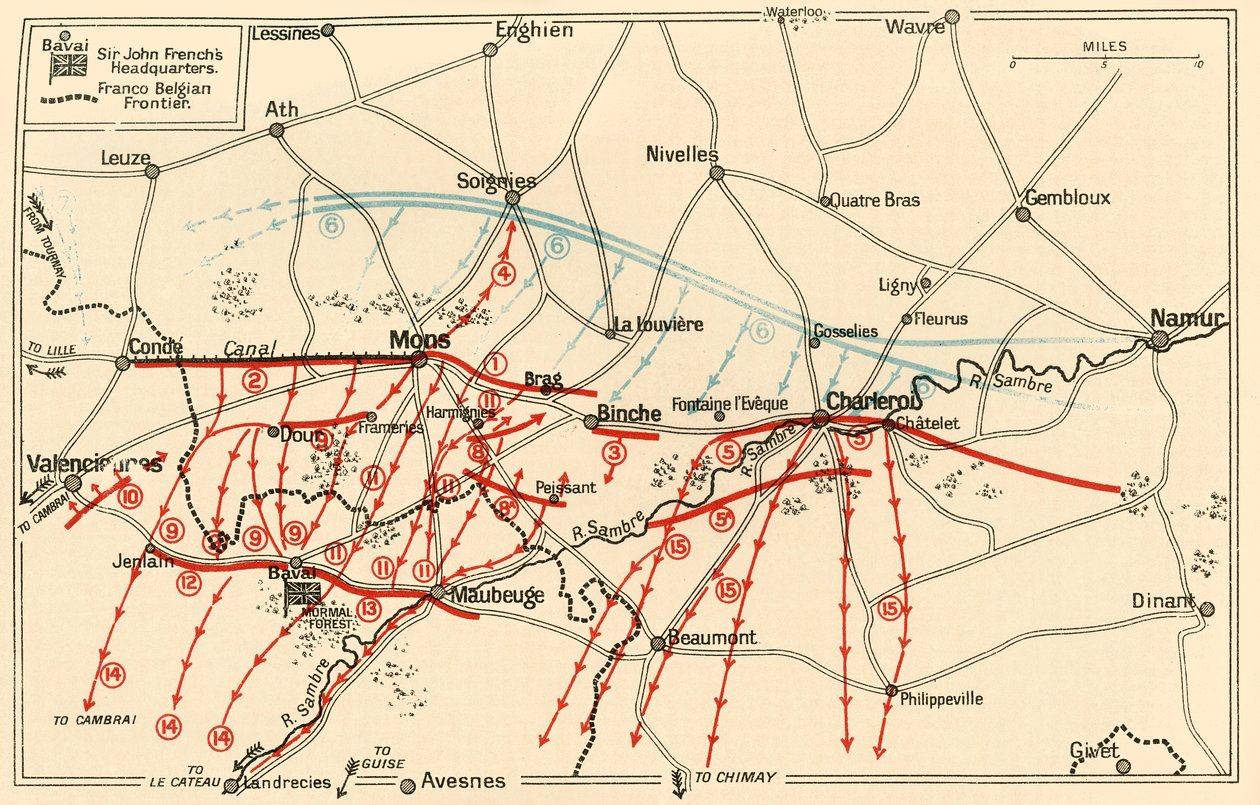 Schizzo delle principali operazioni vicino a Mons e Charleroi, c1914, c1920 da Unbekannt