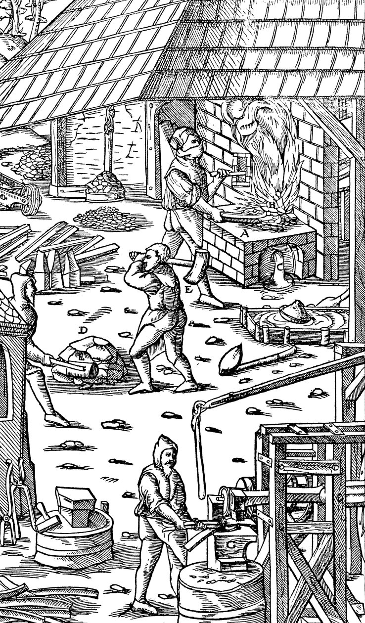 Fusione del ferro e martellatura delle barre con un martello meccanico, 1556 da Unbekannt
