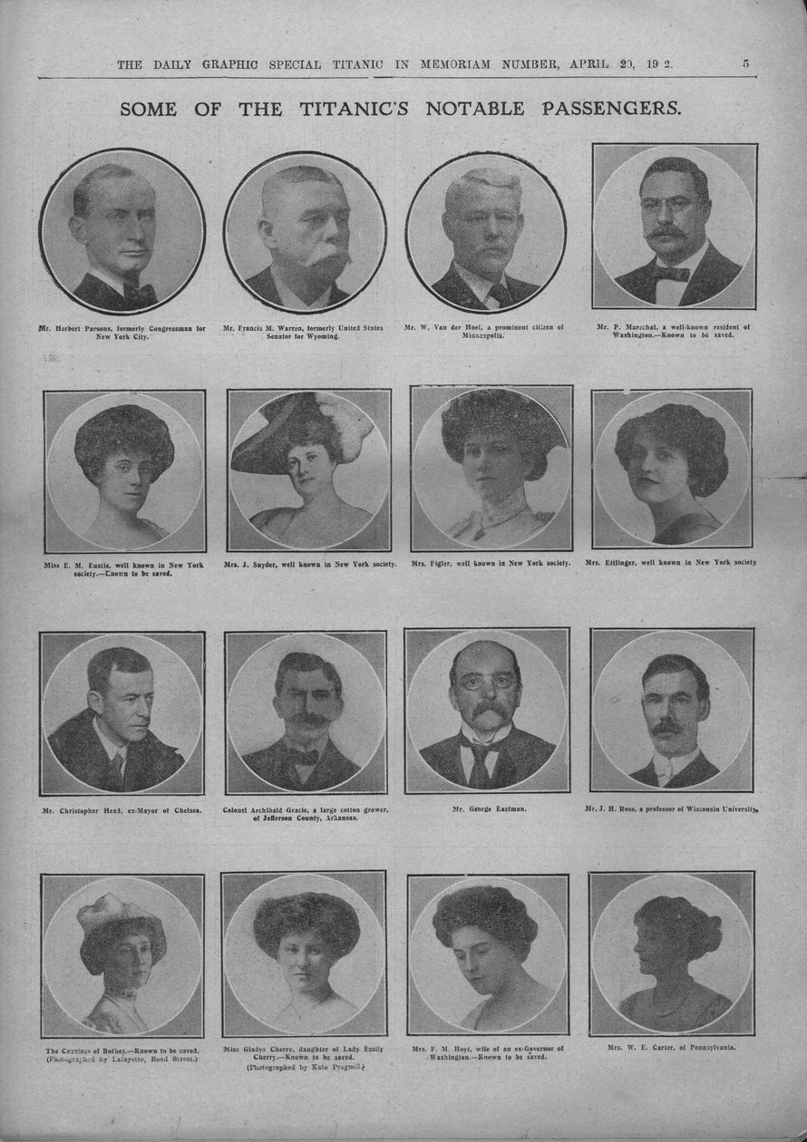 Alcuni dei passeggeri notabili del Titanic, 20 aprile 1912 da Unbekannt
