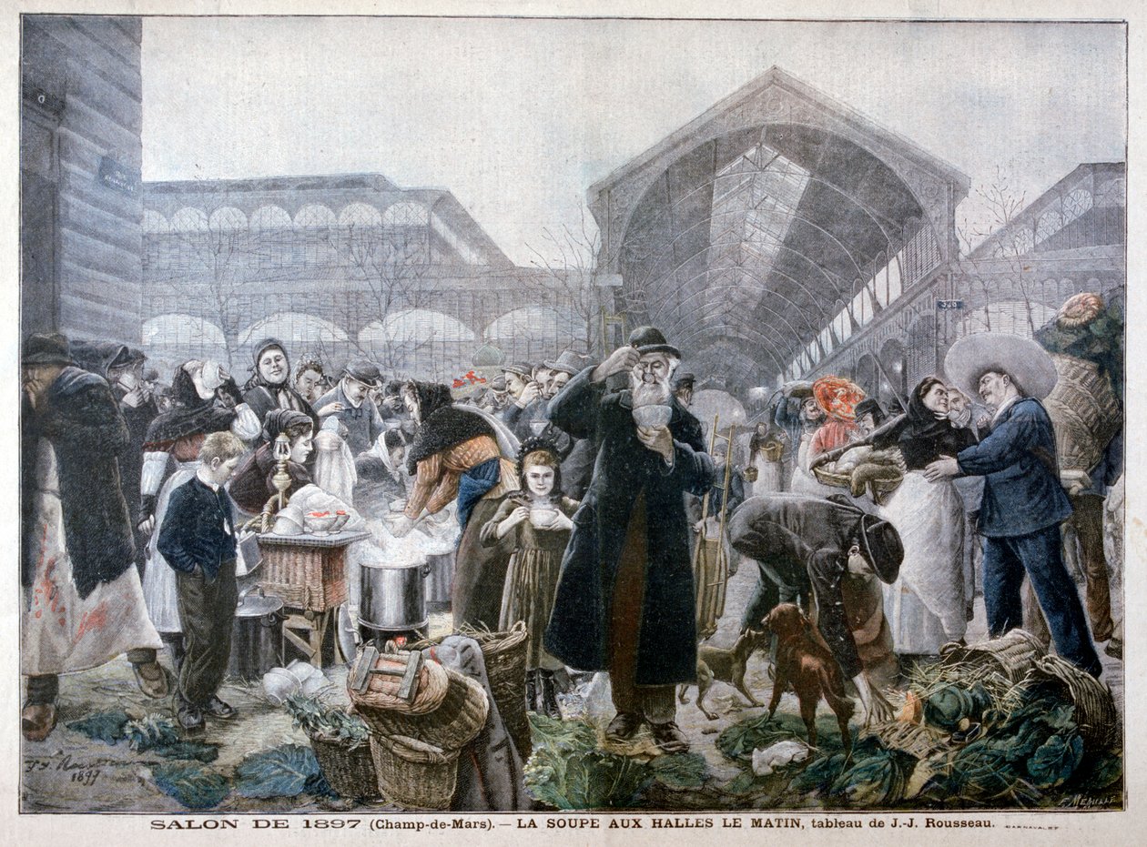 Bancarella di zuppa al mercato di Les Halles al mattino, 1897 da Unbekannt
