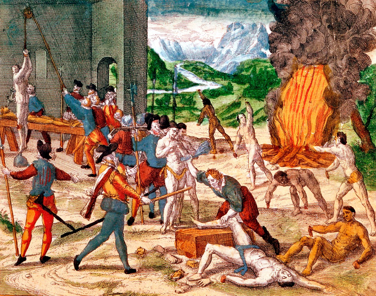 Conquistadores spagnoli torturano indiani americani da Unbekannt