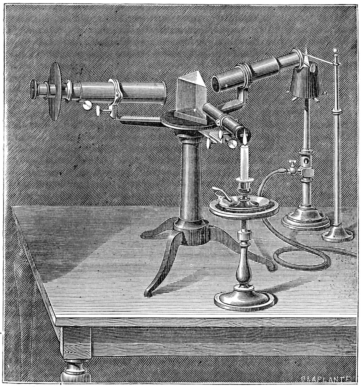 Apparecchio spettroscopico usato da Robert Wilhelm Bunsen e Gustav Robert Kirchhoff, c1895 da Unbekannt