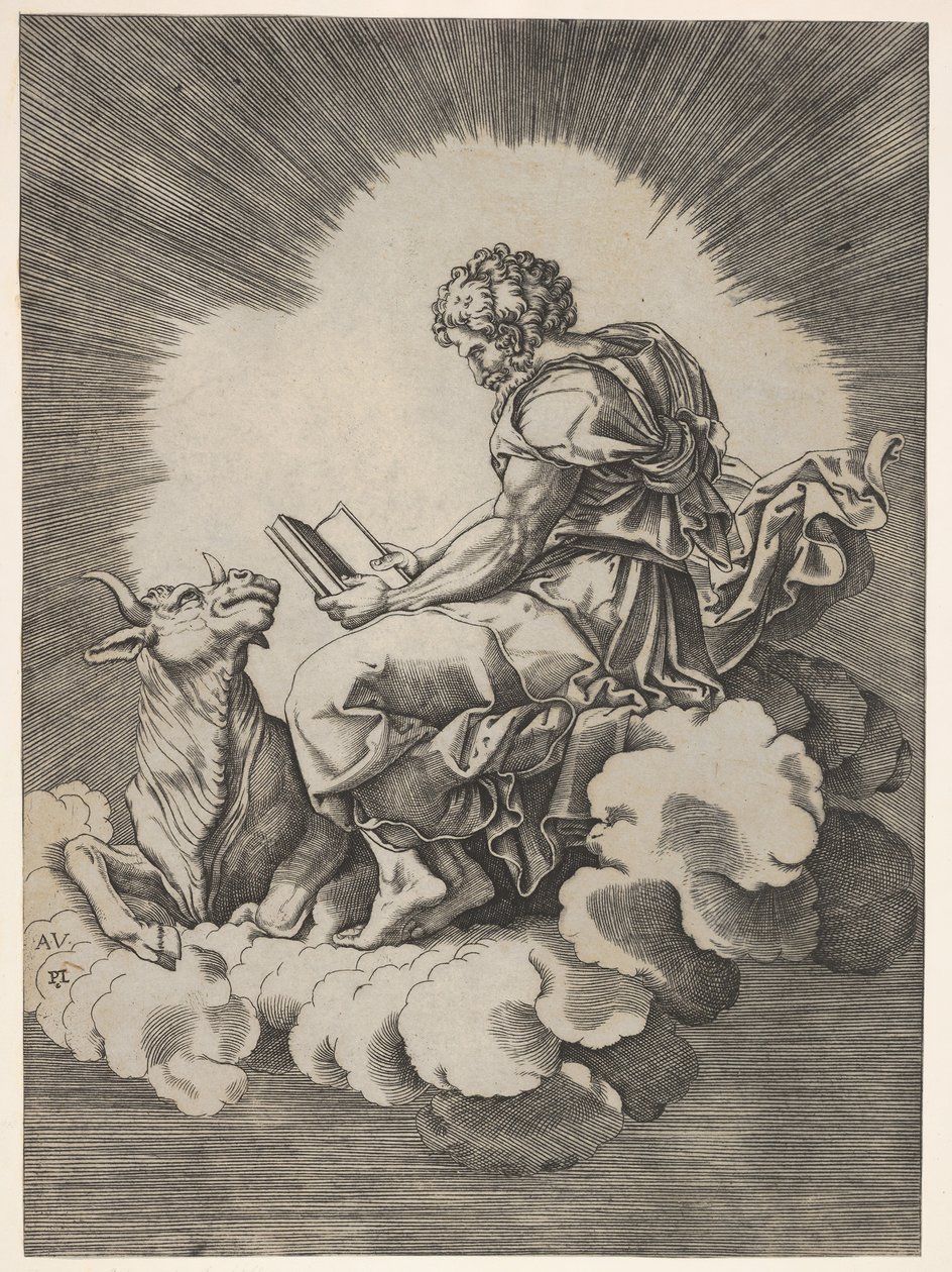 San Luca, seduto su una nuvola con un libro aperto in entrambe le mani, un toro sdraiato ai suoi piedi, dopo il 1518 da Unbekannt