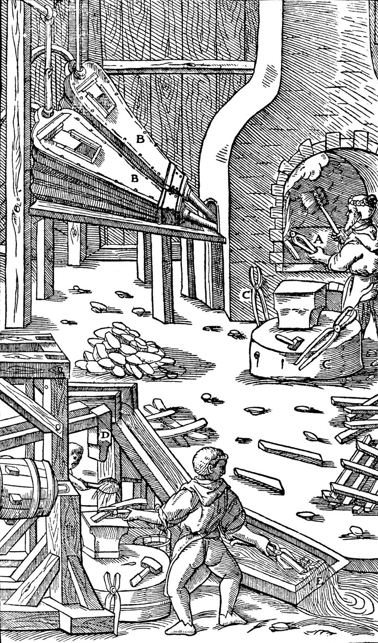 Produzione di acciaio: una forgia con mantici per produrre tiraggio, 1556 da Unbekannt