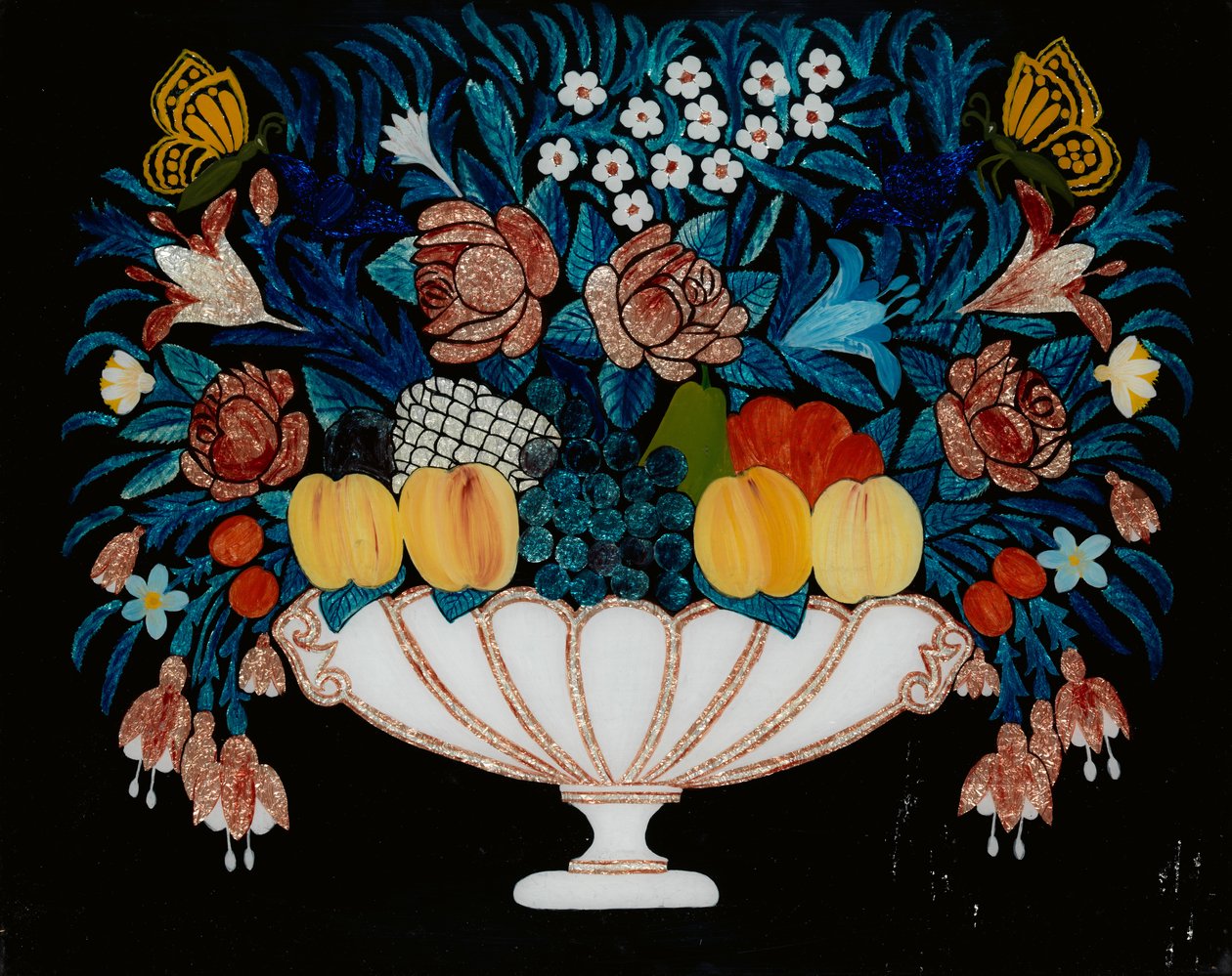Natura morta - Fiori e frutta in ciotola bianca e rosa, 1840-60 da Unbekannt