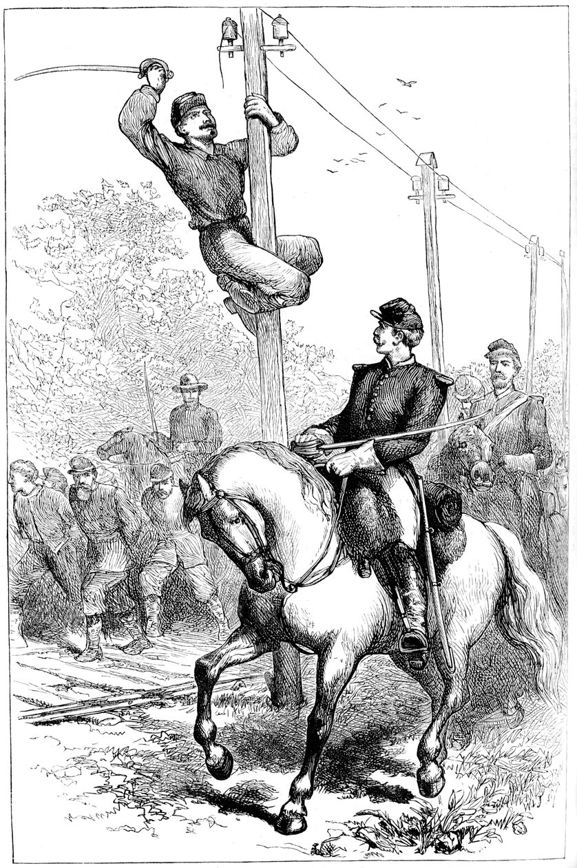Cavalleria degli Stuart che taglia fili telegrafici, Guerra Civile Americana, c1861-1864 c1880 da Unbekannt