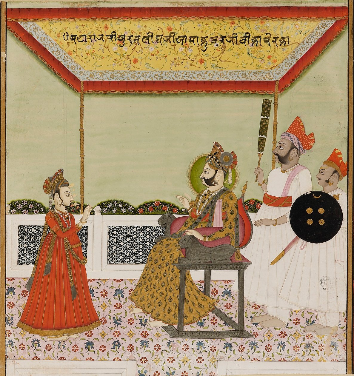 Surat Singh siede su un trono con braccioli a forma di leone e riceve il suo giovane figlio, c1800 da Unbekannt