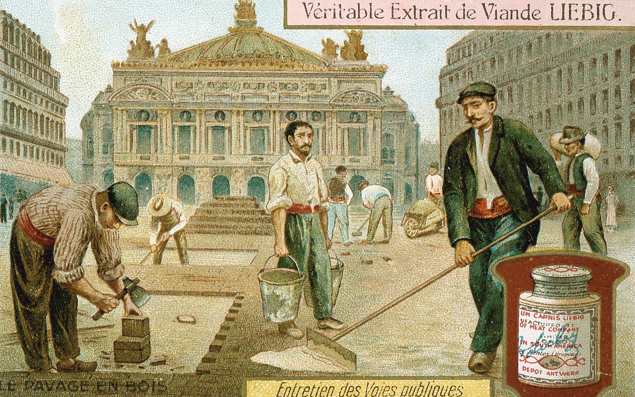 Pavimentazione di una strada di Parigi con blocchi di legno, c1900 da Unbekannt