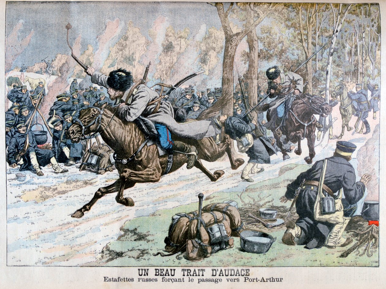 Attacco a sorpresa della cavalleria russa sulla strada per Port Arthur, Guerra Russo-Giapponese, 1904 da Unbekannt