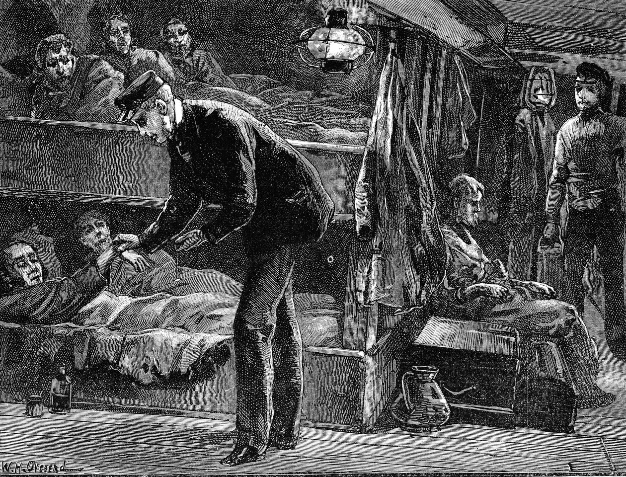 Misurare il polso di un emigrante irlandese malato a bordo della nave, 1840s c1890 da Unbekannt