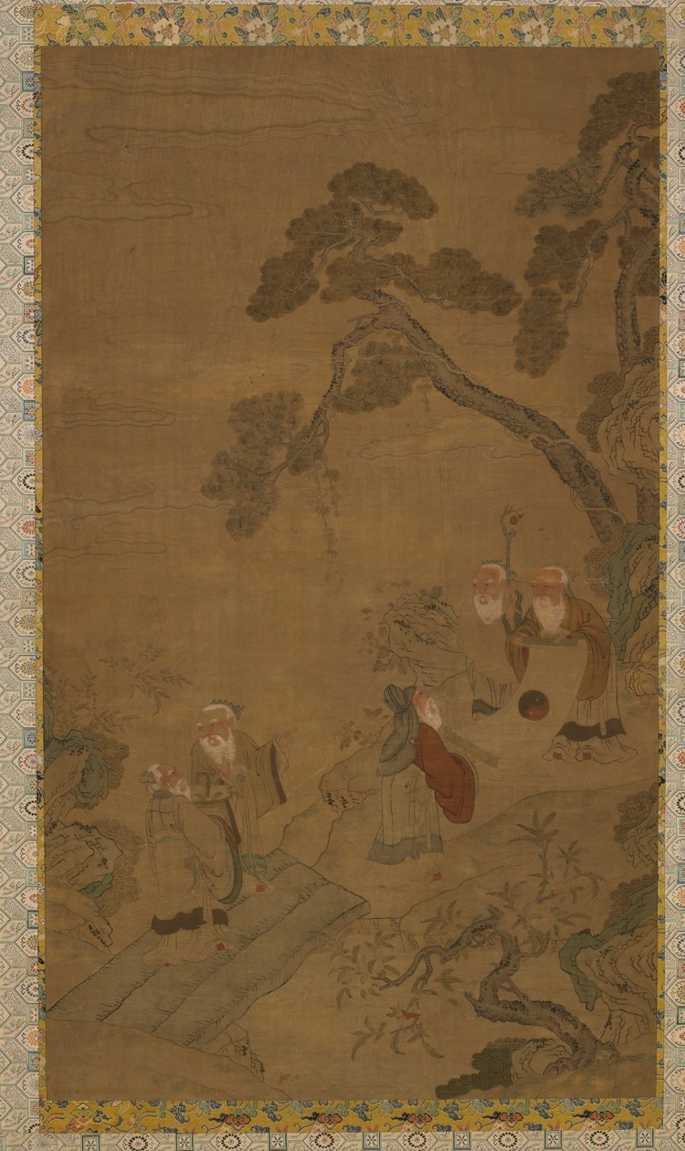 Arazzo: cinque saggi in un giardino sotto i pini, dinastia Ming a Qing, 1368-1911 da Unbekannt