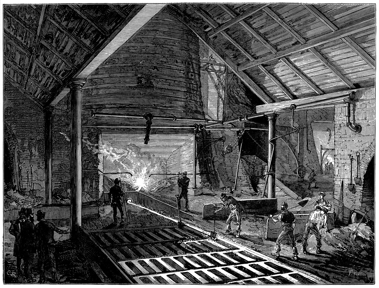 Apertura di un altoforno e colata di ferro fuso nei maiali, c1885 da Unbekannt