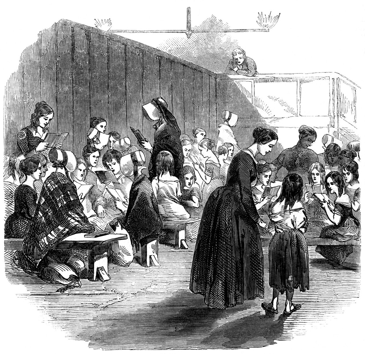 Insegnare alle ragazze a leggere nella scuola della Ragged School Union, Lambeth, Londra, 1868 da Unbekannt
