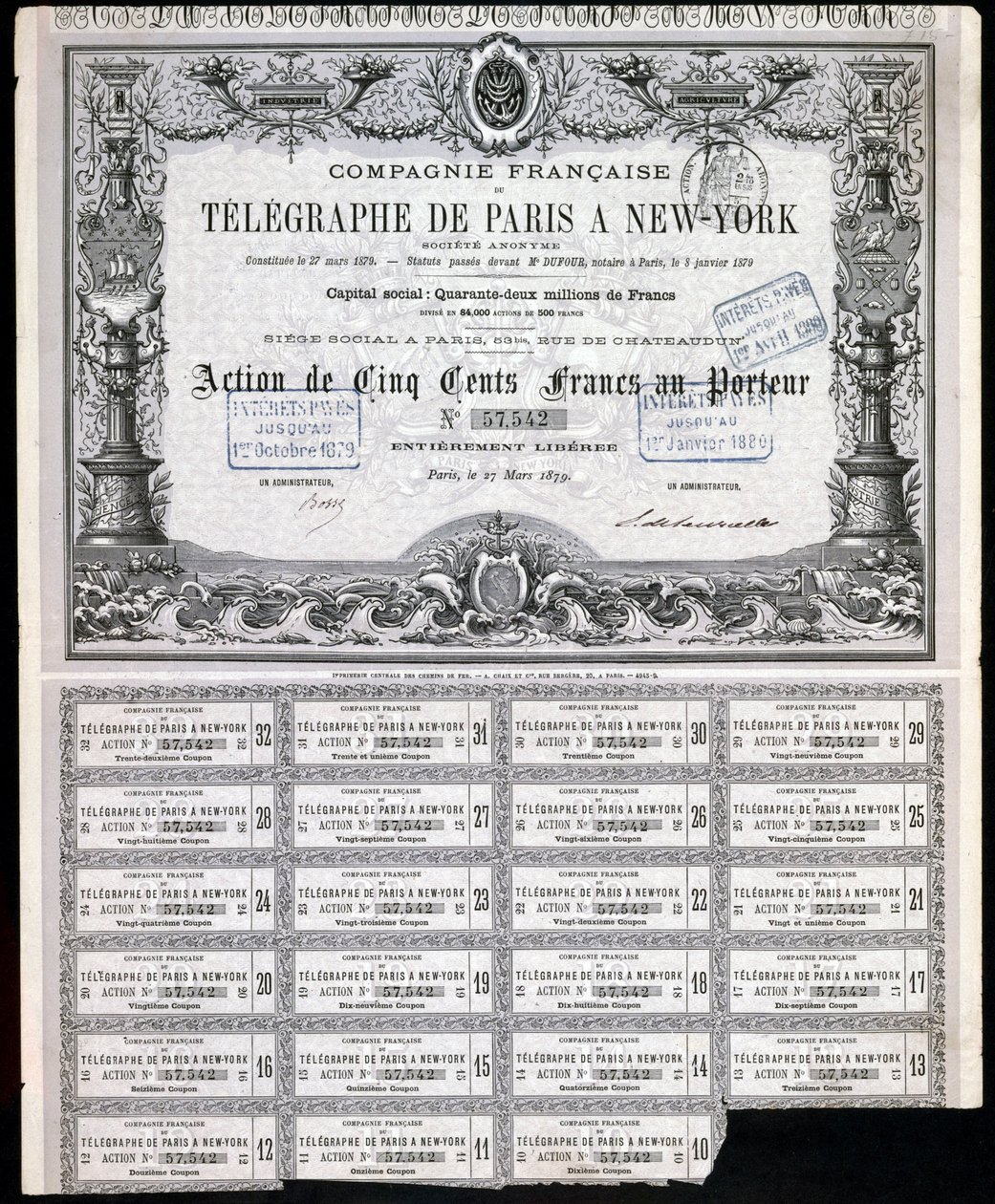 Telegrafia, Certificato di azioni del telegrafo generale Parigi-New York, 27 marzo 1879 da Unbekannt