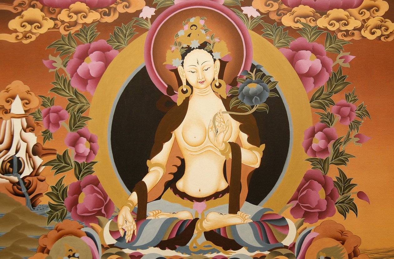 Thangka raffigurante la dea Tara Bianca, simbolo buddista di lunga vita, Bhaktapur, Nepal da Unbekannt