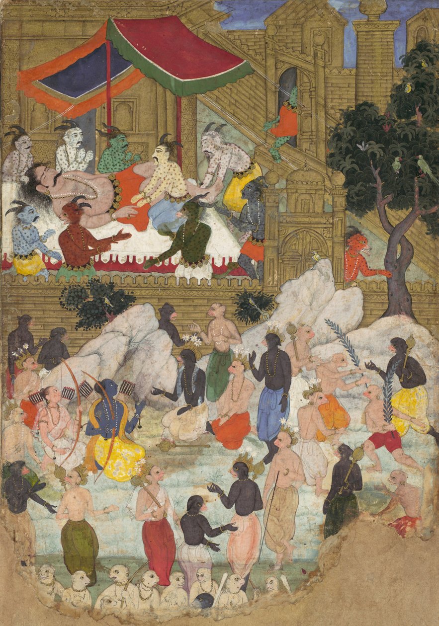 Il risveglio di Kumbhakarna nella città dorata di Lanka, foglio da un Ramayana, ca. 1605 da Unbekannt
