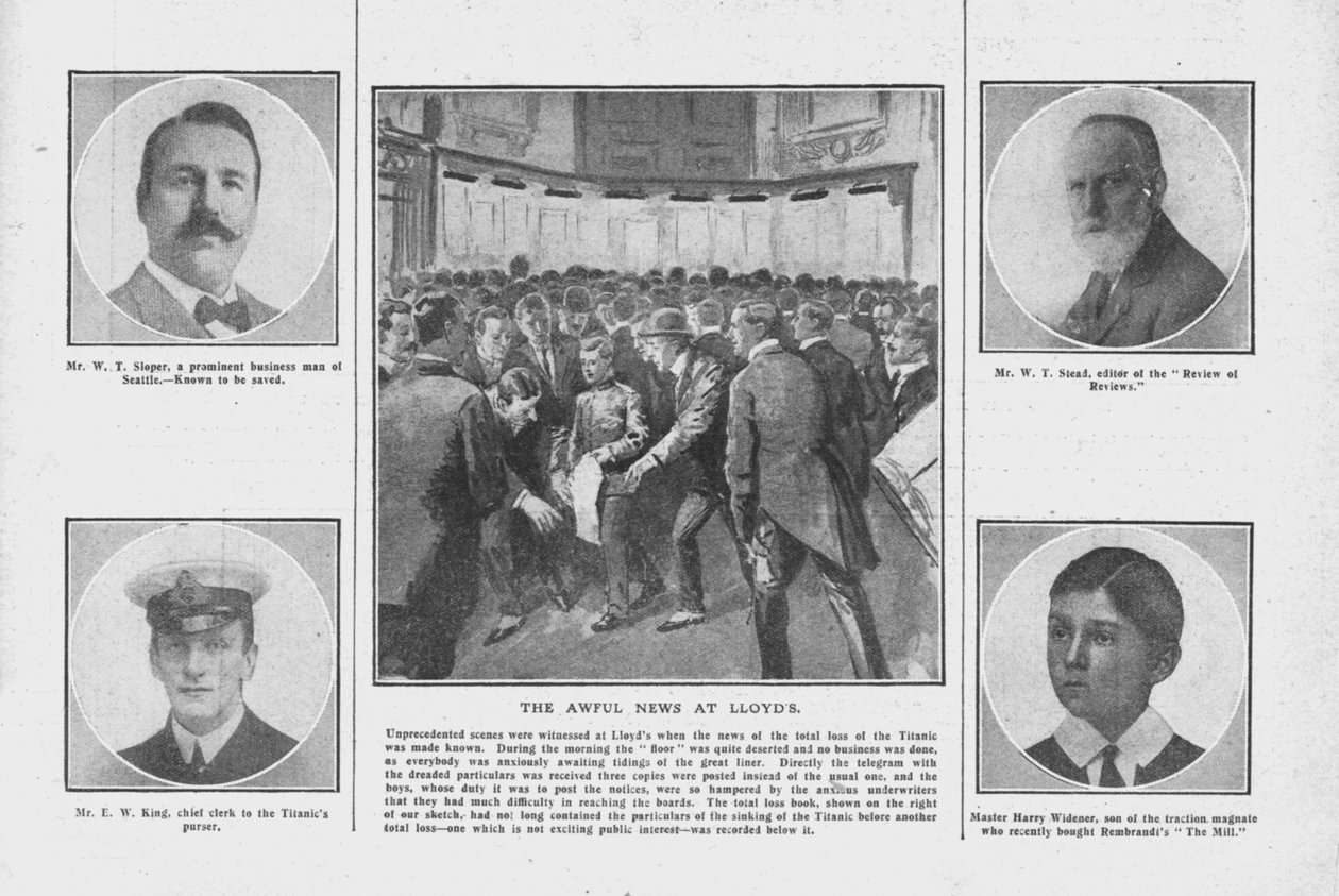 La terribile notizia a Lloyds, con ritratti di alcuni di quelli a bordo del Titanic da Unbekannt