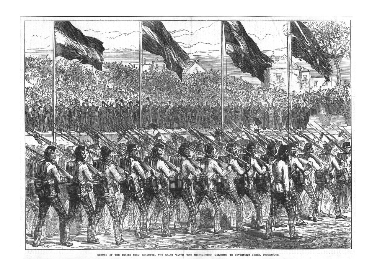 The Black Watch 42nd Highlanders in marcia verso Governors Green, Portsmouth, 1874 da Unbekannt