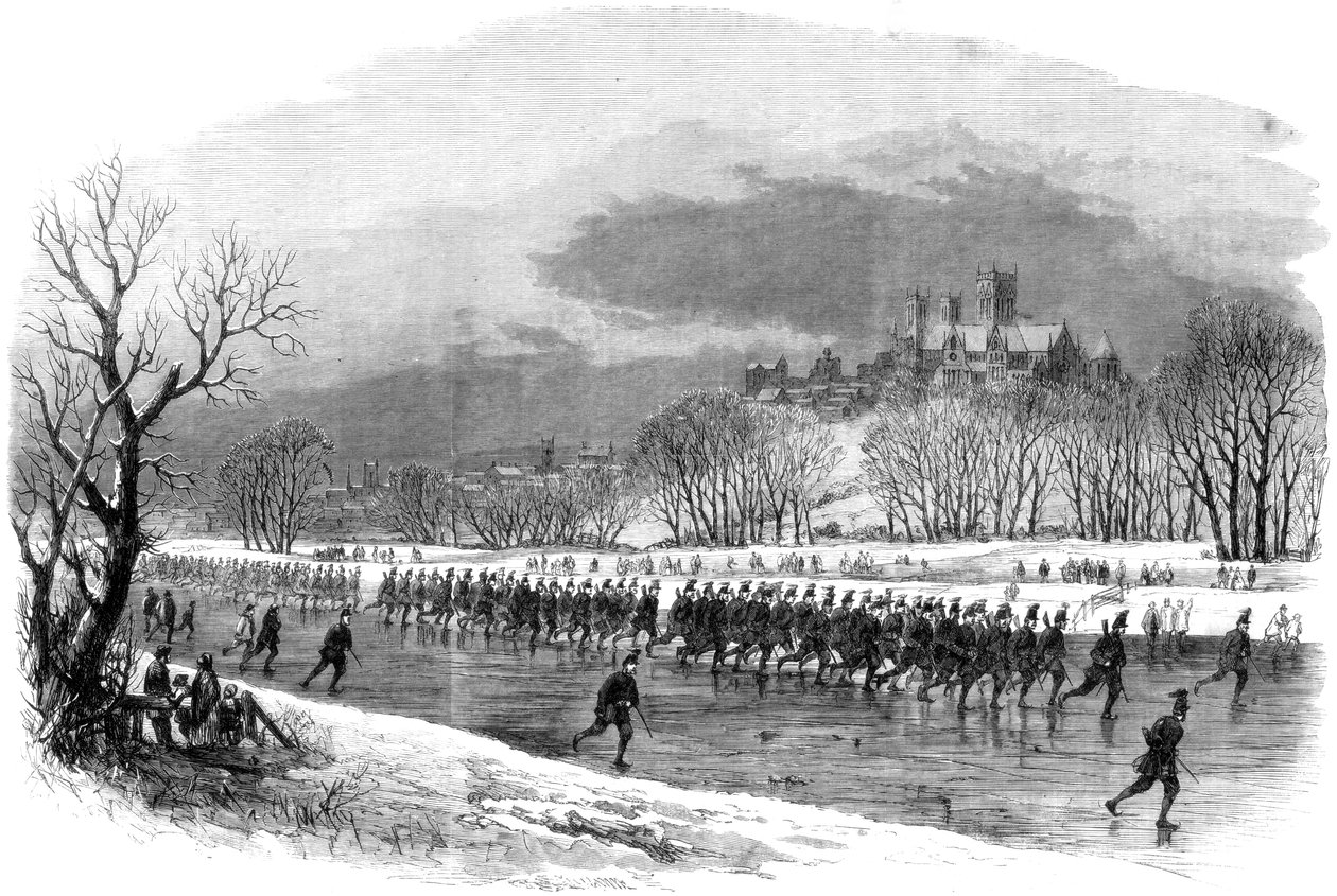 I primi volontari dei fucilieri del Lincolnshire che fanno una marcia lungo il fiume Witham sui pattini, 1861 da Unbekannt