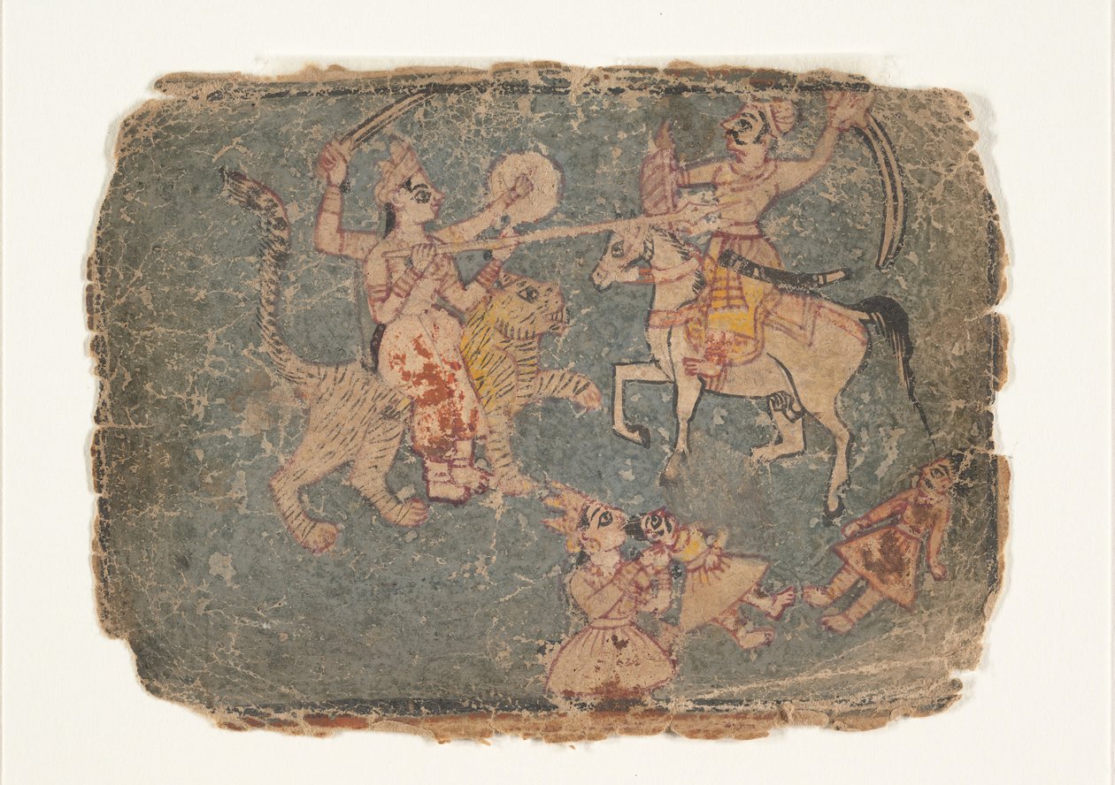 La dea Durga che uccide un nemico, Pagina da un Markandeya Purana disperso, 1650-60 da Unbekannt