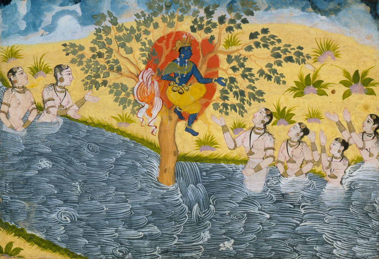 Le Gopi implorano Krishna di restituire i loro vestiti, pagina da un Bhagavata Purana..., ca. 1610 da Unbekannt
