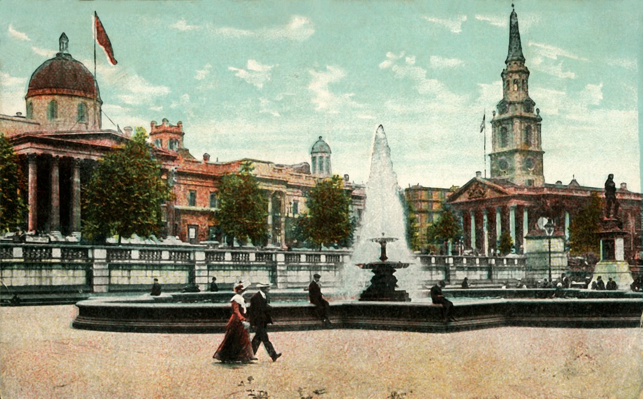La National Gallery, St Martin in the Fields, e le fontane in Trafalgar Square, Londra, c1910 da Unbekannt