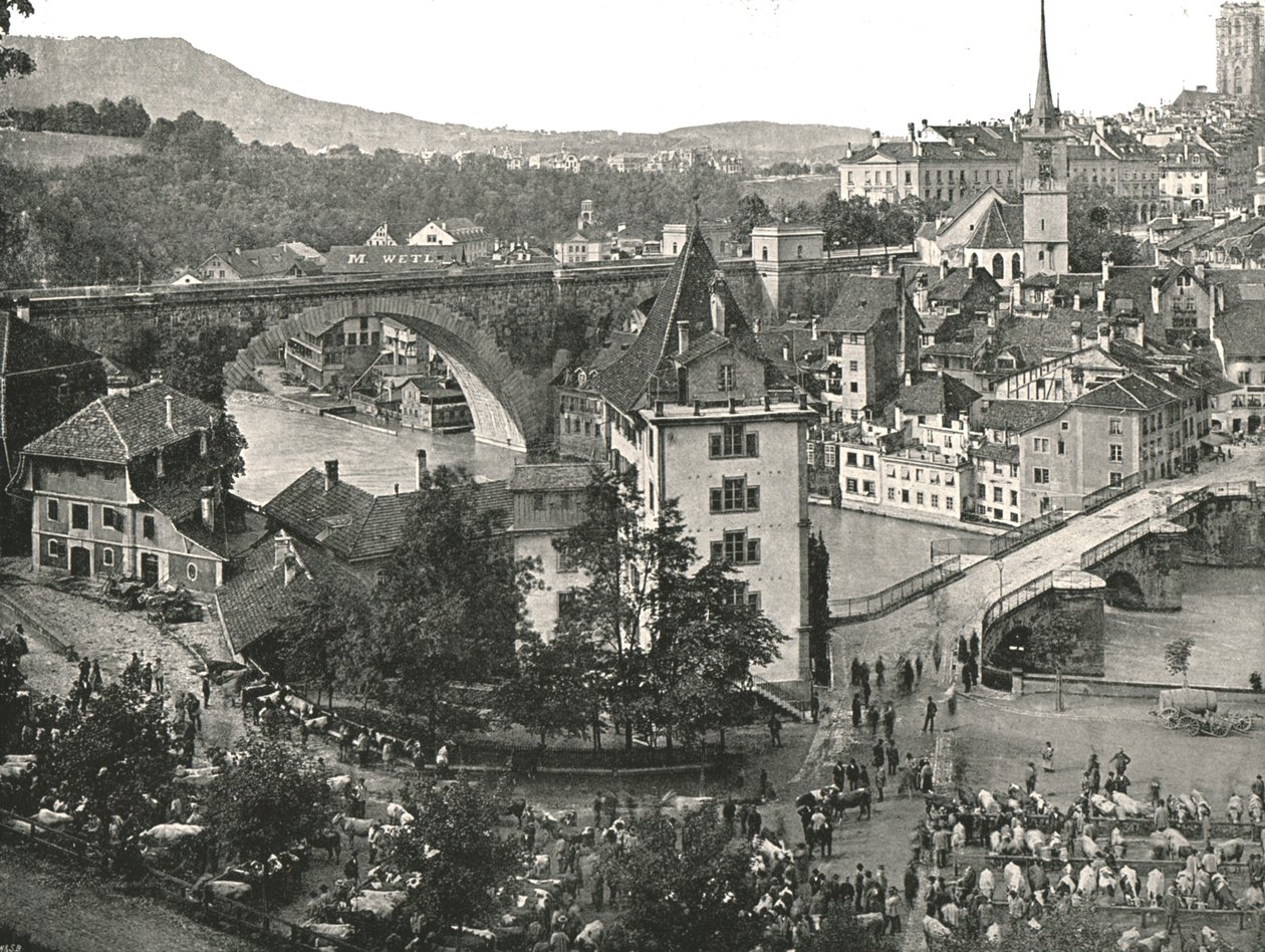 Il ponte Nydegg e il mercato del bestiame, Berna, Svizzera, 1895 da Unbekannt