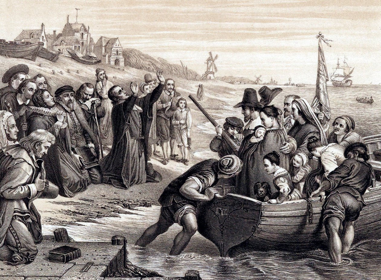 I Padri Pellegrini lasciano Delft Haven per il loro viaggio in America, luglio 1620, 1878 da Unbekannt