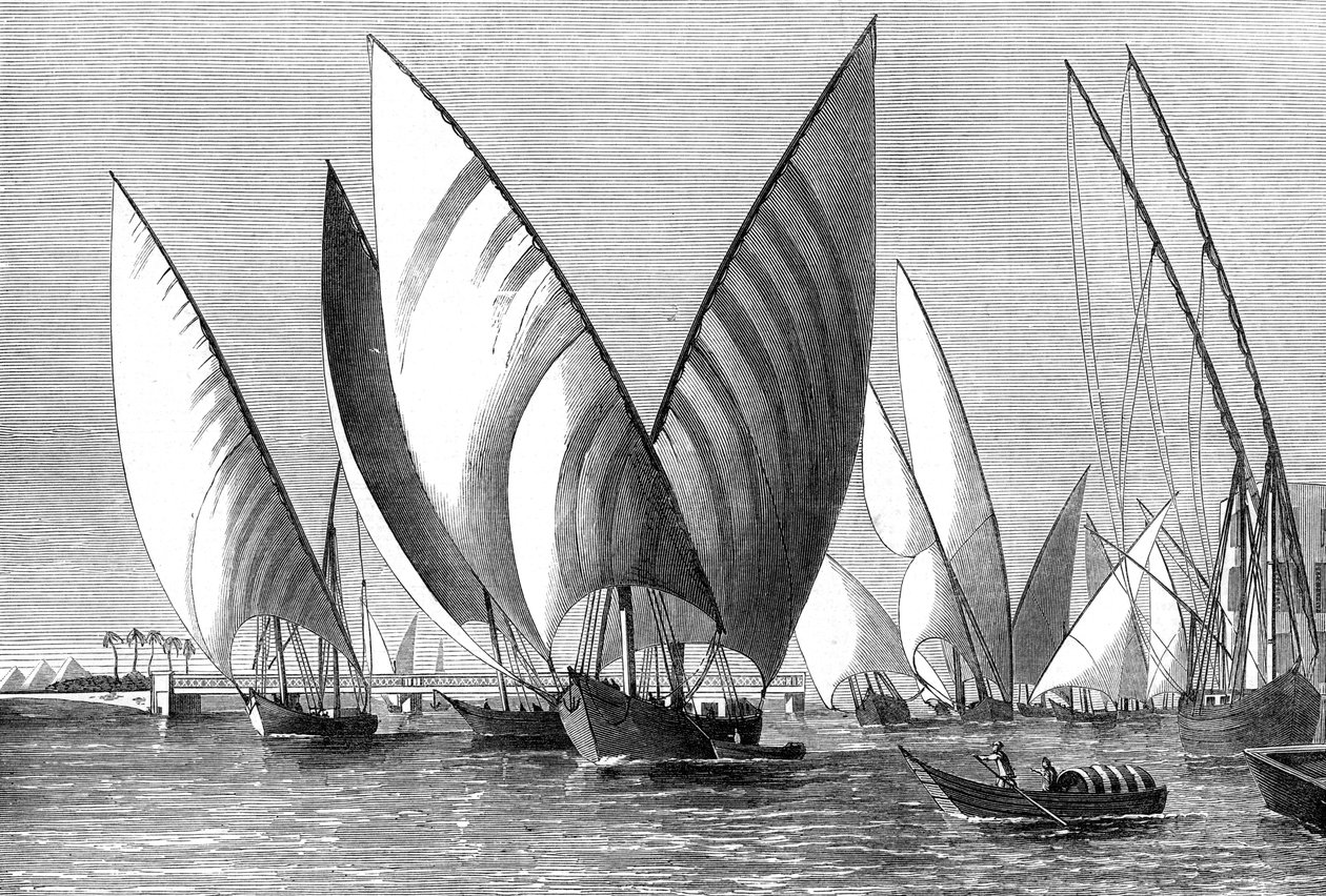 Il fiume al ponte di Boulak, Il Cairo, con dahabeah in transito, 1874 da Unbekannt