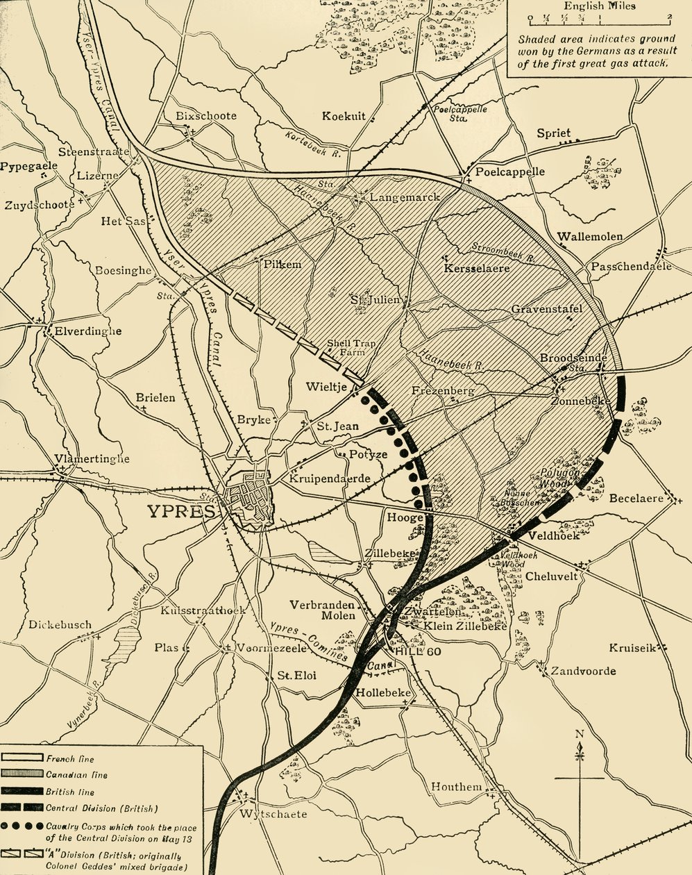 Il saliente di Ypres prima e dopo la seconda battaglia di Ypres..., Prima Guerra Mondiale, 1915, c1920 da Unbekannt