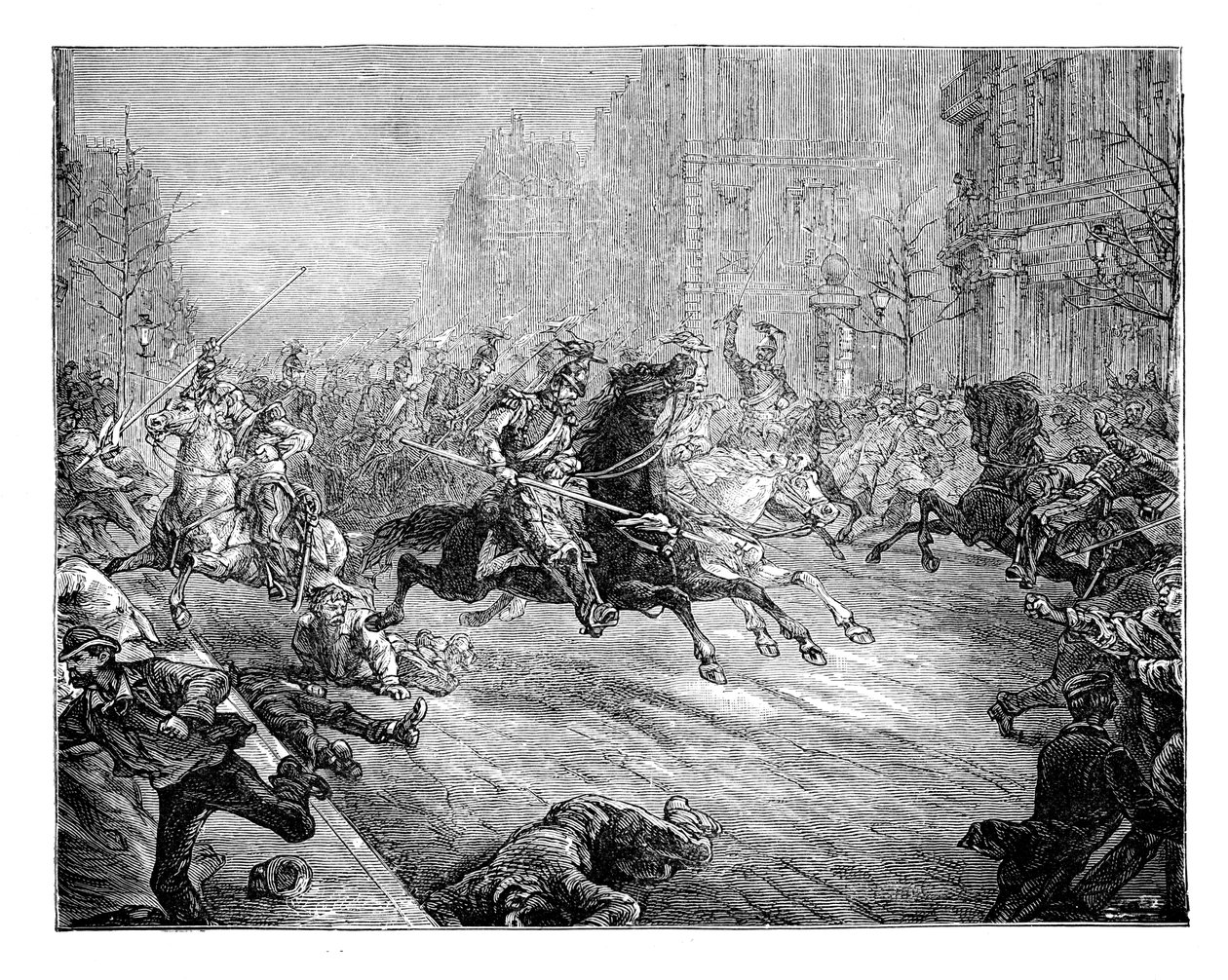 Il colpo di stato, lancieri che caricano la folla nei boulevard di Parigi, 19° secolo da Unbekannt