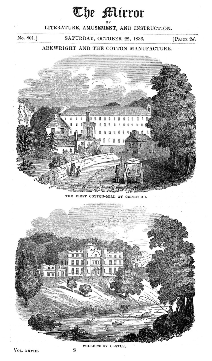 Il primo cotonificio a Cromford, Derbyshire, e la casa di Richard Arkwright, 1836 da Unbekannt