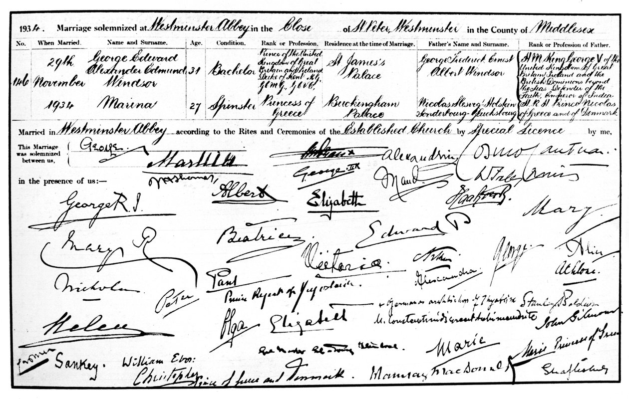 Certificato di matrimonio del Duca e della Duchessa di Kent, 1934 da Unbekannt