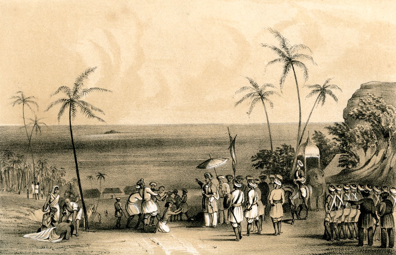 I mercanti di Calicut catturati e incatenati a una roccia deserta per ordine di Tippoo Saib, 1847 da Unbekannt