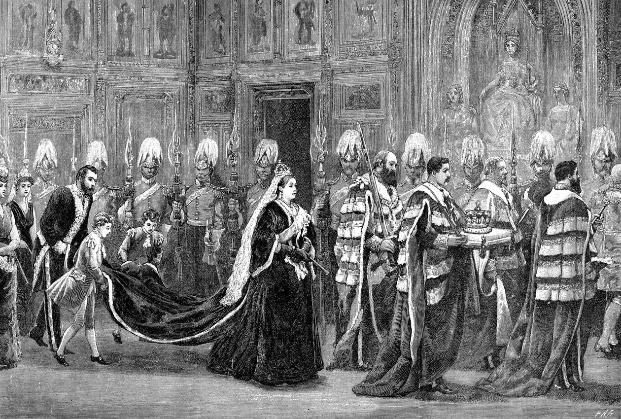 La processione reale nel Palazzo di Westminster verso la Camera dei Lord, 1886, 1900 da Unbekannt