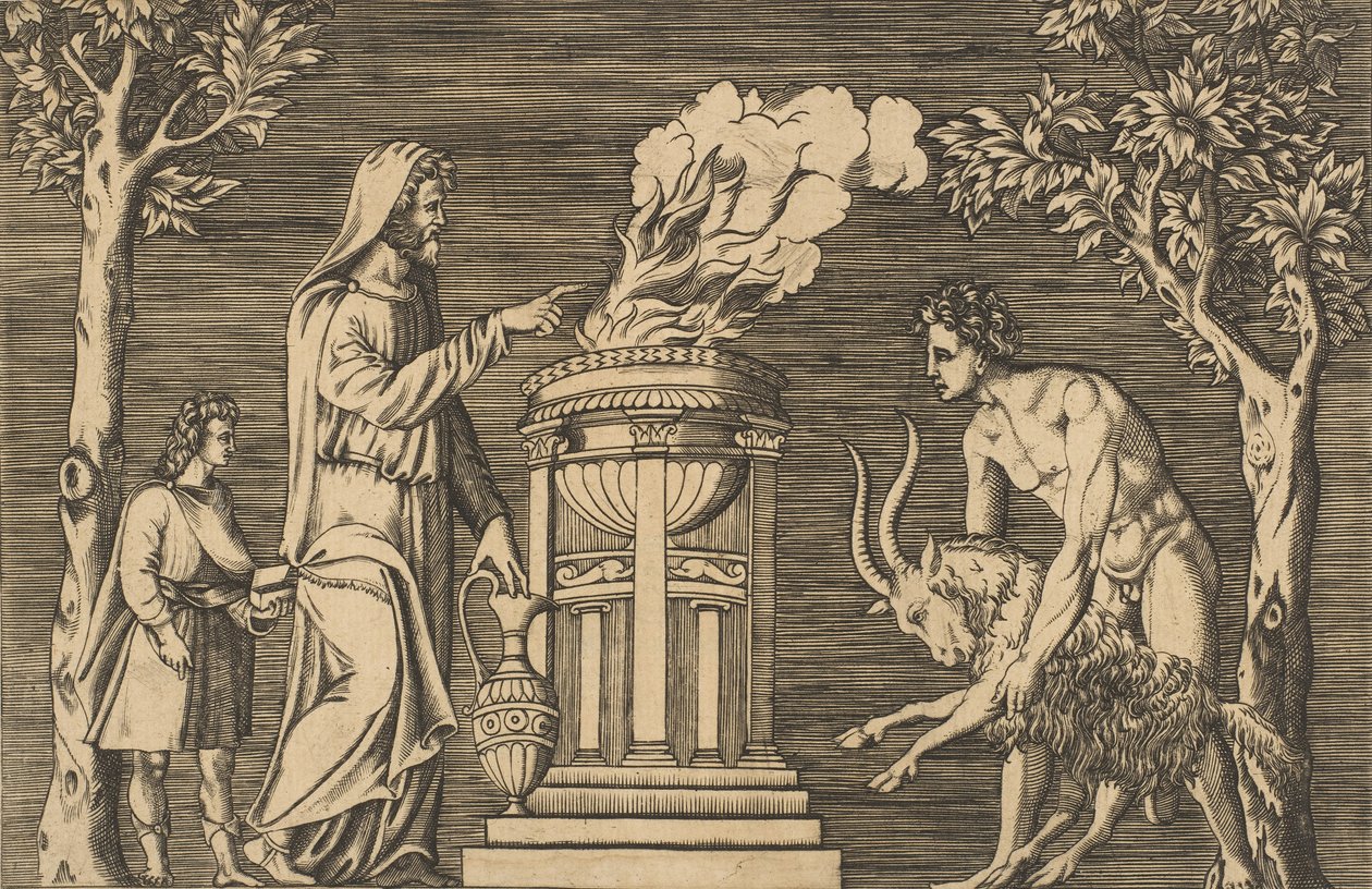 Il sacrificio di un ariete tenuto da un uomo nudo a destra, sacerdote incappucciato a sinistra con un..., ca. 1515-1600 da Unbekannt