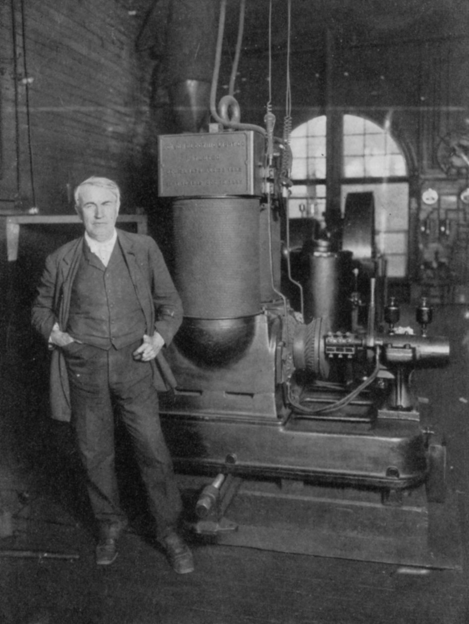 Thomas Alva Edison, inventore americano, con il suo primo dinamo per la produzione di luce elettrica da Unbekannt