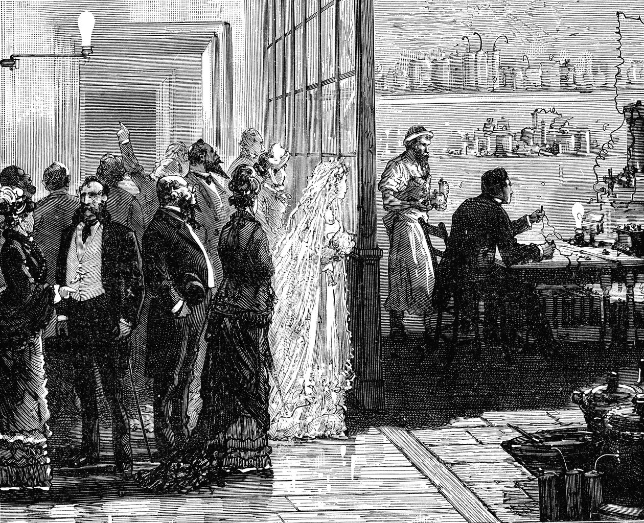 Thomas Edison che sperimenta con lampade elettriche il giorno del suo matrimonio, 1871-1883 da Unbekannt