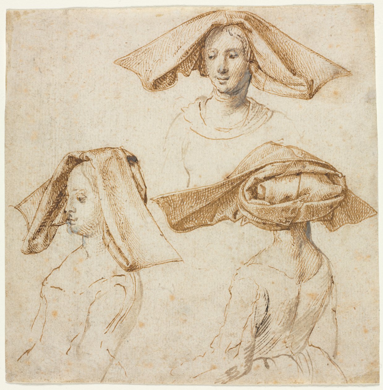 Tre studi di una donna con un elaborato copricapo, c. 1500 da Unbekannt