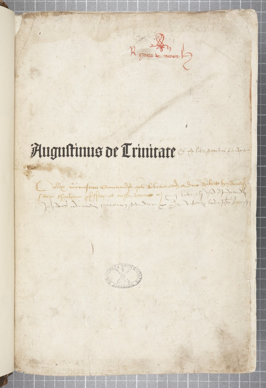 Pagina del titolo di De trinitate e De Civitate Dei cum commento, scritto da Agostino d