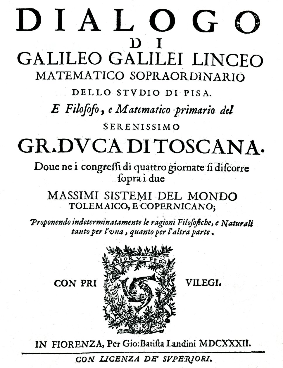 Pagina del titolo di Dialogo, di Galileo, 1632 da Unbekannt