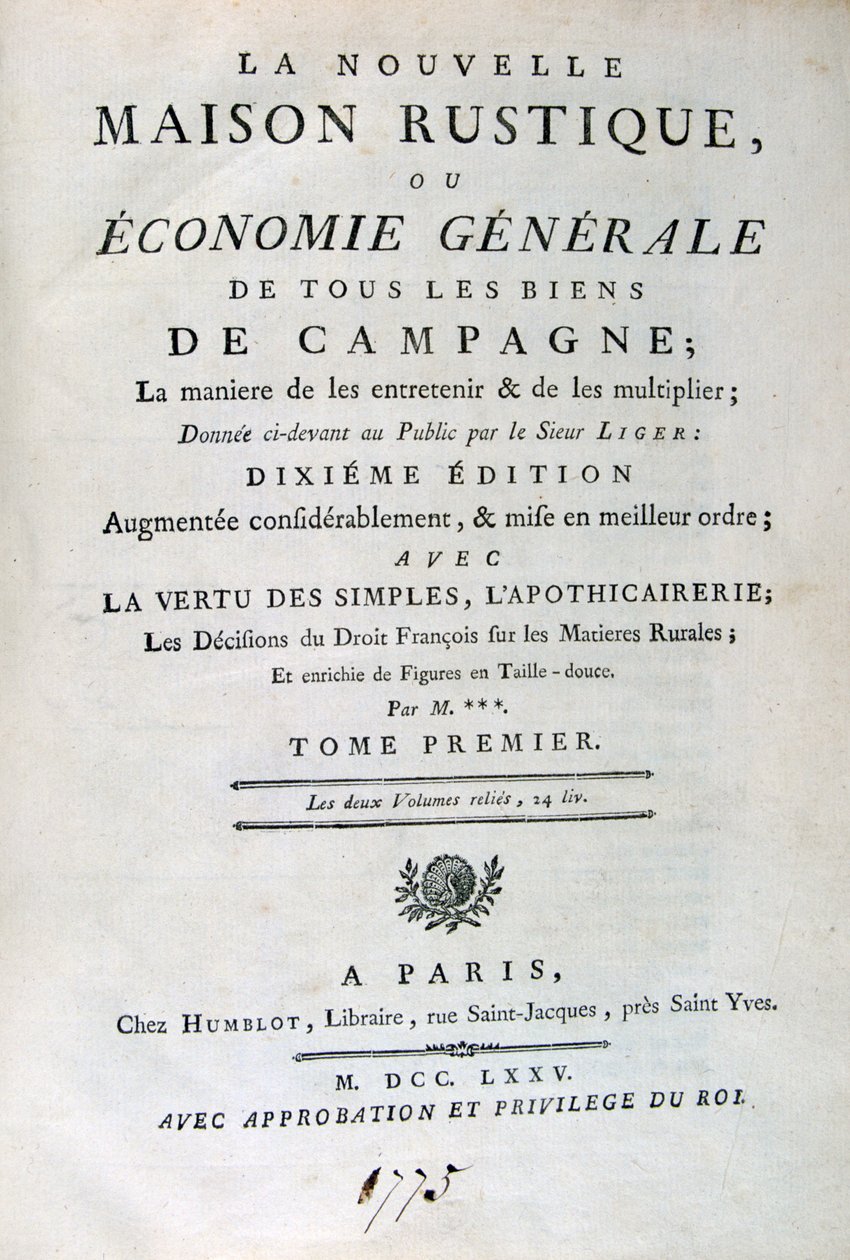 Pagina del titolo di La Nouvelle Maison Rustique, ou Economie Générale, 1775 da Unbekannt