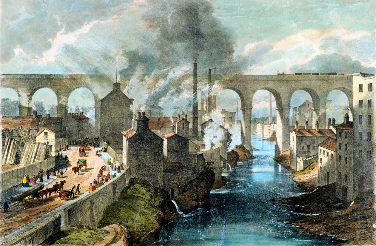 Treno che attraversa il viadotto di Stockport sulla London & North Western Railway, c1845 da Unbekannt
