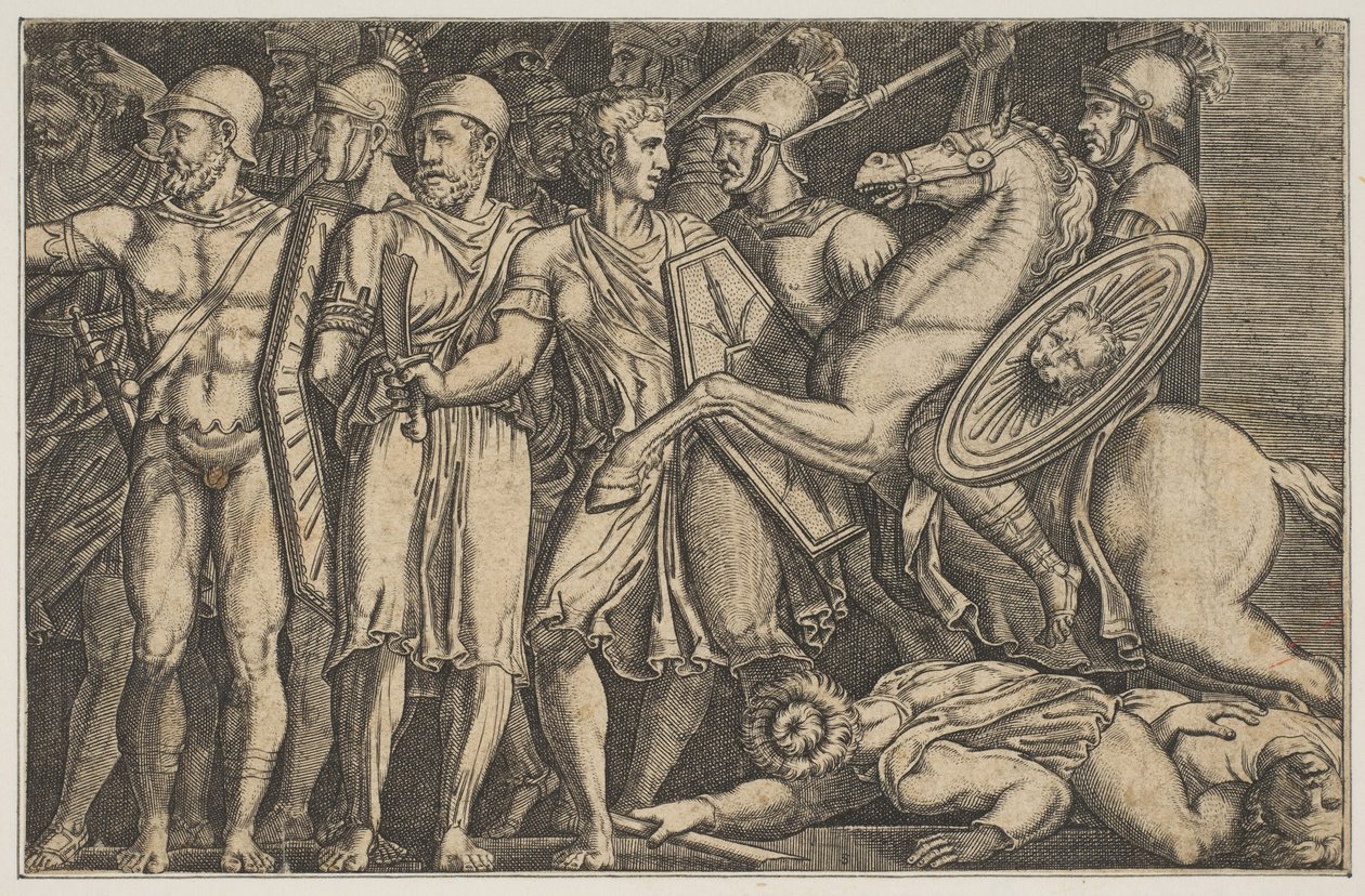 Traiano combatte i Daci, Traiano a cavallo a destra che cavalca verso un gruppo, ca. 1515-1600 da Unbekannt