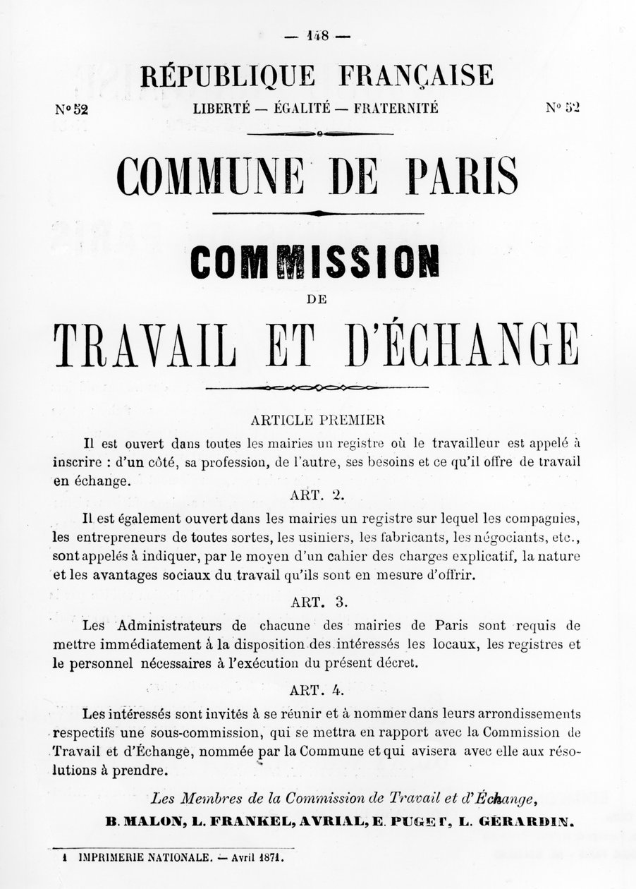 Lavoro e Scambio, dai manifesti politici francesi della Comune di Parigi, Maggio 1871 da Unbekannt