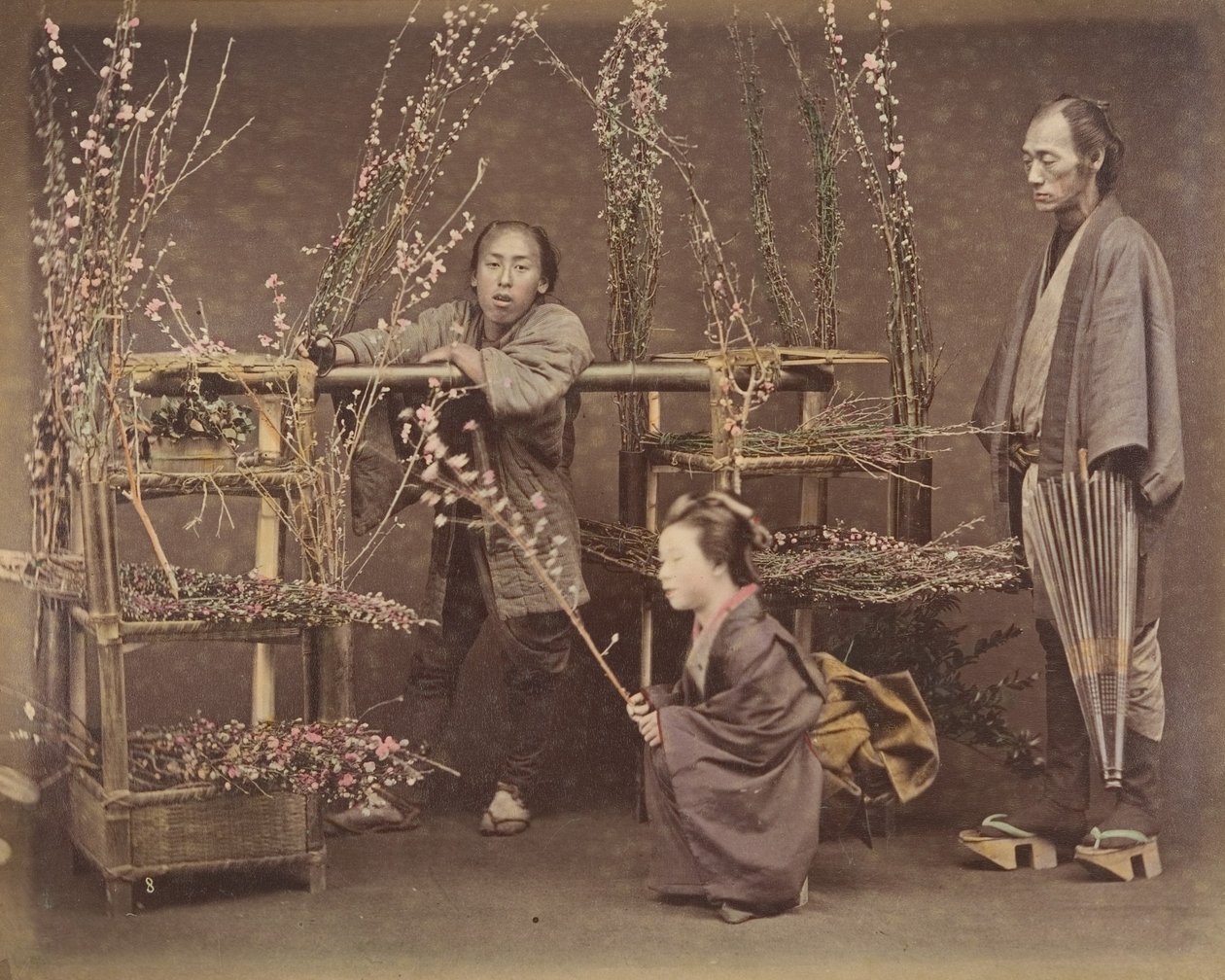 [Due uomini giapponesi e una donna giapponese che posano con rami fioriti], 1870s da Unbekannt