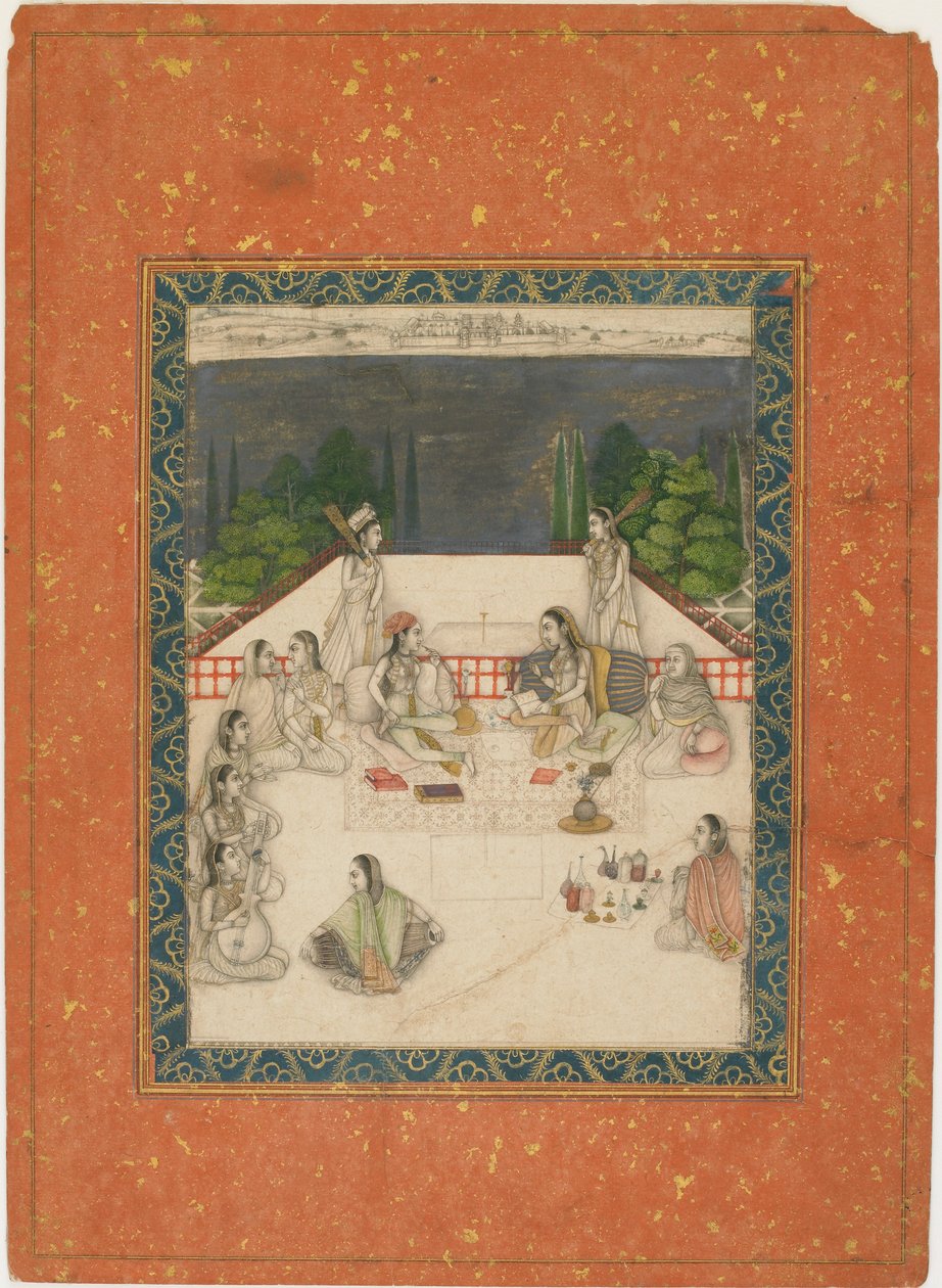 Due donne sedute su una terrazza, circondate da attendenti e musicisti, ca. 1650 da Unbekannt